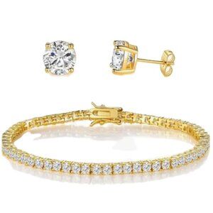18K Gold-Plated Sterling Silver CZ Tennis Bracelet & 4 Prong Earring Set